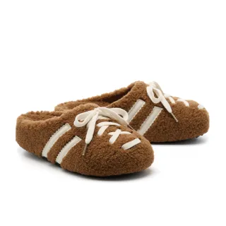 【BYHUE】可愛泰迪撞色線條羊羔絨綁帶軟芯厚底穆勒拖鞋(棕)