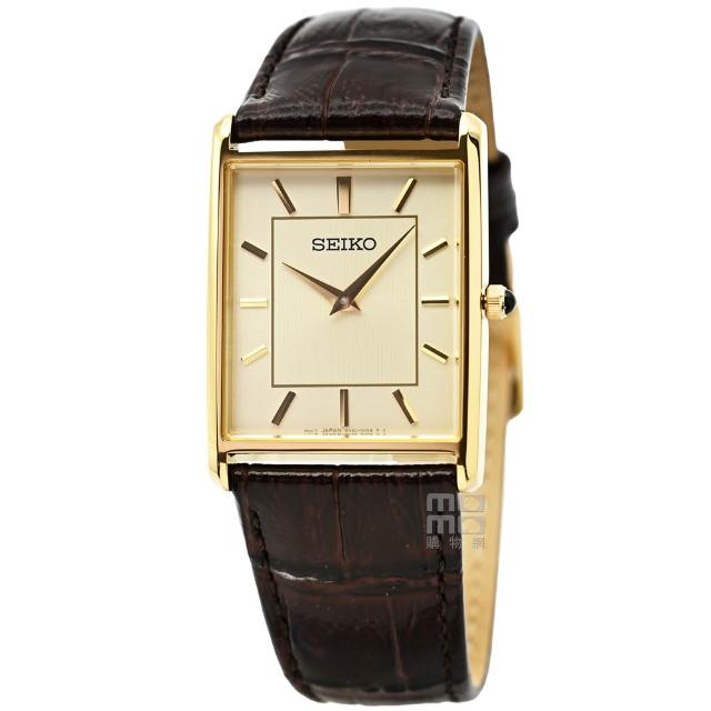 【SEIKO 精工】精工方形藍寶石石英皮帶男錶-金框金面(SWR106P1) 父親節 情人節