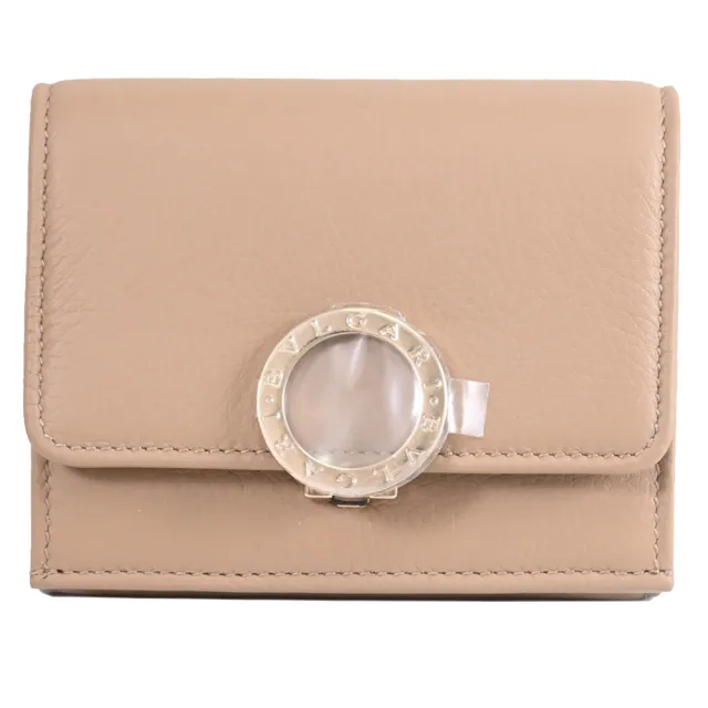 【BVLGARI 寶格麗】金屬釦LOGO牛皮雙面三折小零錢短夾(沙色)