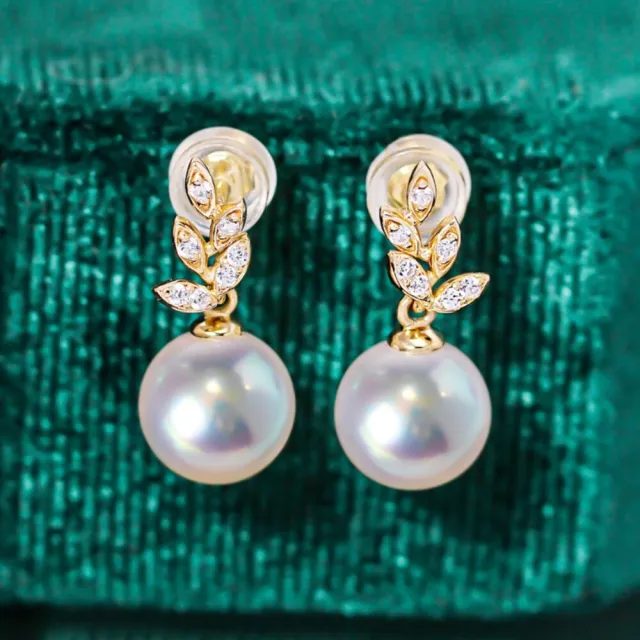 La Corser】金枝玉葉7-7.5mm 日本Akoya 天然海水珍珠耳釘耳環18K金鑽石