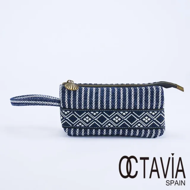 【OCTAVIA 8】OCTAVIA 8 - 民族風條紋三層手提萬用小布包 - 祝福藍(萬用包 手拿包 化妝包