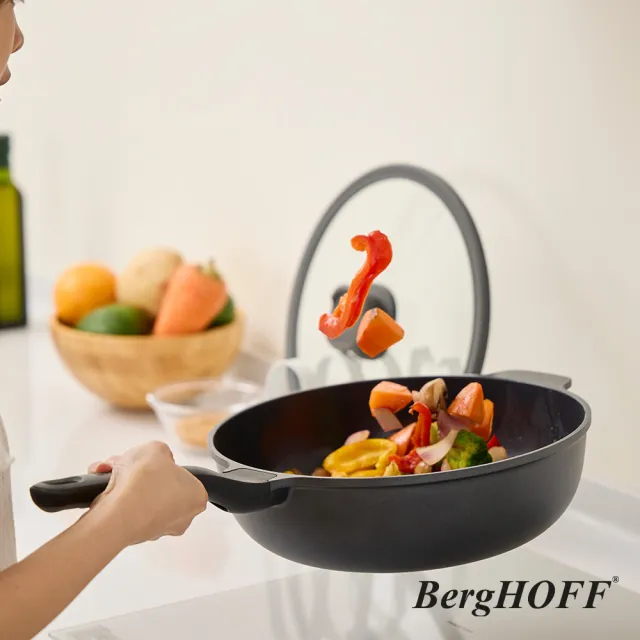 【BergHOFF 貝高福】Stone+陶瓷塗層不沾鍋單柄含蓋炒鍋28cm(BHST-28W-BK)