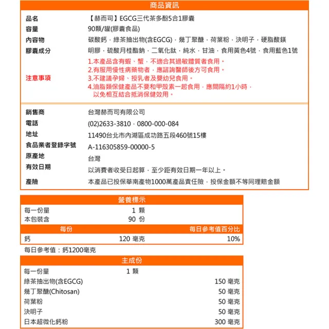 【赫而司】升級版三代茶多酚膠囊1罐(共90顆;綠茶素兒茶素EGCG+甲殼素+決明子+荷葉粉+鈣五合一纖美精華)