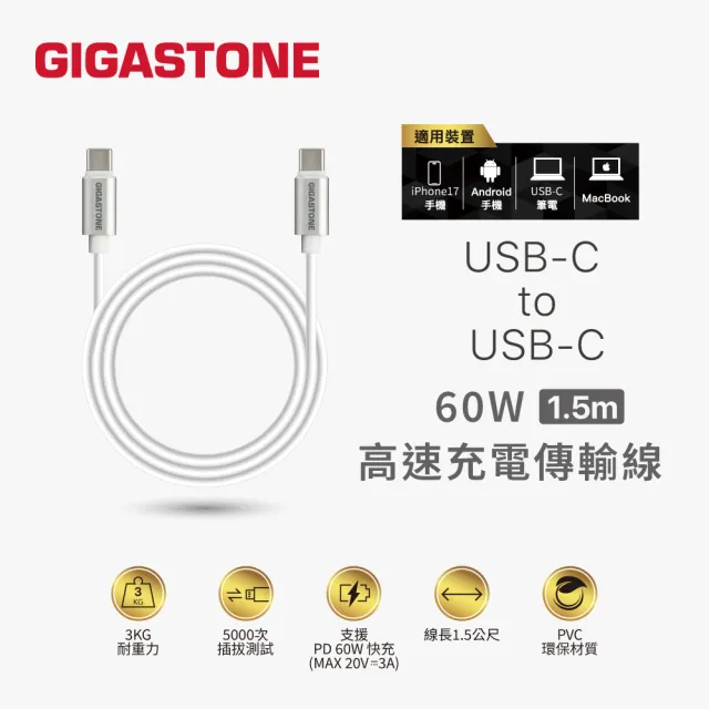 【Gigastone 立達國際】45W GaN氮化鎵USB-C三孔快充充電器Plus PD-7451+Type-C 60W充電傳輸線