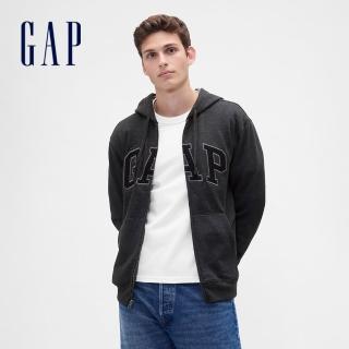 【GAP】男裝 Logo刷毛連帽外套-深灰色(851516)