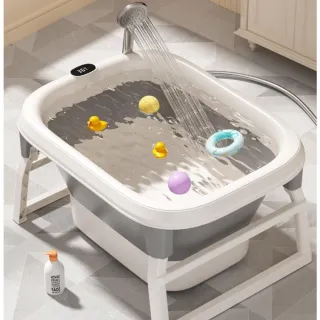 【YZ壹宅】寶寶浴盆 嬰兒澡盆 可折疊感溫浴桶 加深43cm(50L大容量 抗菌防黴 送電動花灑+豪華禮包)