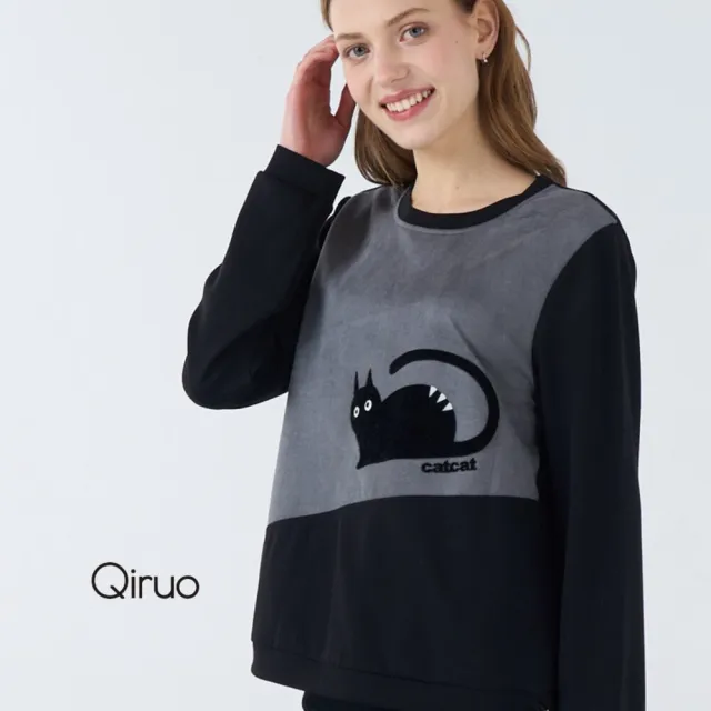 【Qiruo 奇若名品】棉質 雙色拚鳩車縫貓咪長袖黑色造型上衣 6230A 