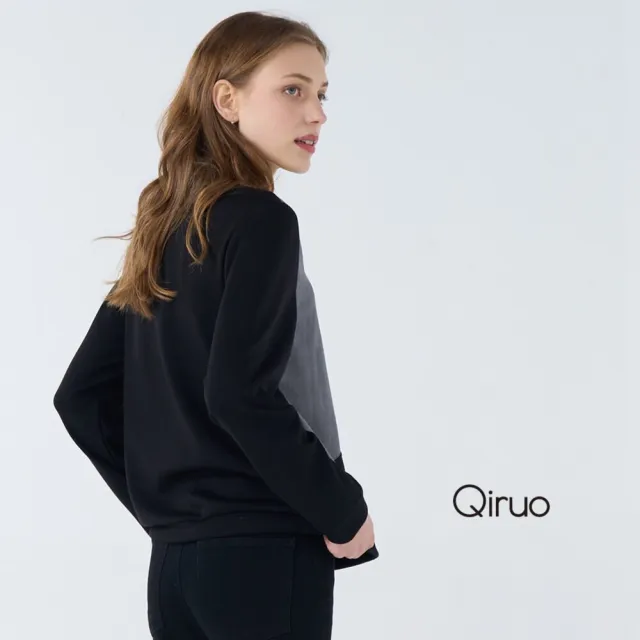【Qiruo 奇若名品】棉質 雙色拚鳩車縫貓咪長袖黑色造型上衣 6230A 