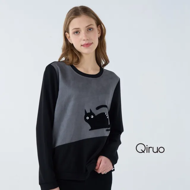 【Qiruo 奇若名品】棉質 雙色拚鳩車縫貓咪長袖黑色造型上衣 6230A 