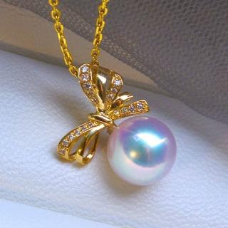【La Corser】18K金 8.5-9mm 日本 Akoya 珍珠 吊墜 項鍊 蝴蝶結 鑽石 天然海水珍珠 鎖骨鏈 天女級
