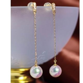 【La Corser】9-9.5mm 天然 Akoya 日本進口 海水珍珠 耳環 18K金 長款耳線 正圓珍珠 天女級