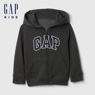 【GAP】男幼童裝 Logo刺繡刷毛連帽外套-深灰色(723271)