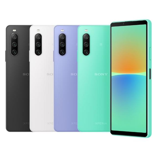 SONY 索尼 Xperia 10 IV 輕巧 6 吋全螢幕 5G 手機，搭載高通 600 系列處理器、6GB RAM 與 128GB 儲存空間，電池容量達 3501~6000mAh 支援快充。內建廣角鏡頭、1200萬畫素相機，具備生活防水、美拍美顏及夜拍功能。支援 5G+4G 雙 SIM 卡槽，顏色選擇黑色、白色、綠色、紫色。上市於 2021 年 4~6 月，供應商保固 180 天，配件包含手機、充電線與取卡針。適合追求高效能與防水耐用的使用者，是理想的索尼 Xperia 10 系列選擇。