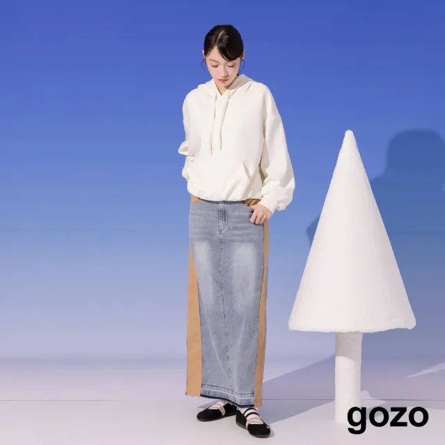 【gozo】A｜顯瘦異材質拼接水洗牛仔長裙(兩色)