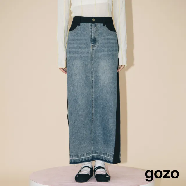 【gozo】A|顯瘦異材質拼接水洗牛仔長裙(兩色)