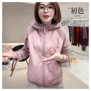 【初色】通勤撞色加厚保暖防風拼接拉鍊連帽長袖外套女外套-共4色-16820(M-3XL可選)