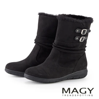 【MAGY】可反折二字皮帶環釦中筒靴(黑色)