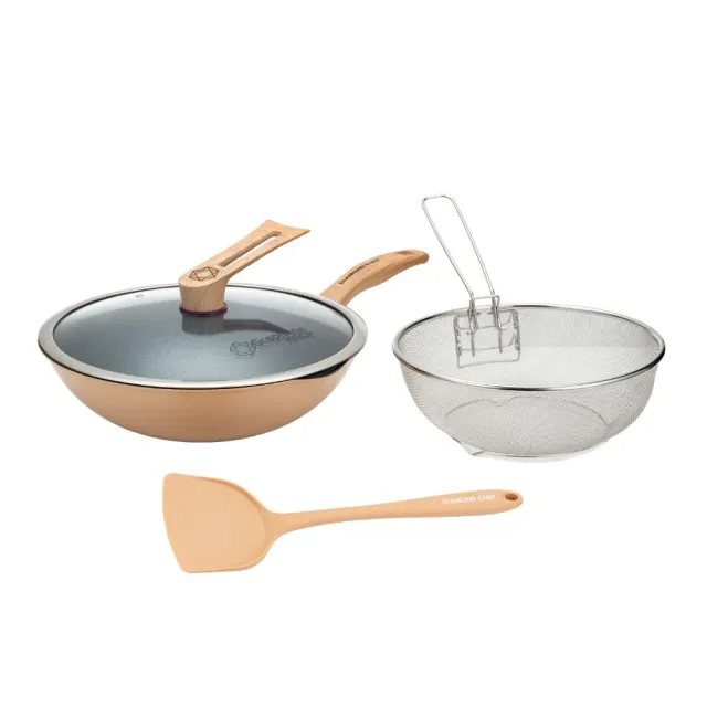 【DIAMOND CHEF】黑金石墨烯不沾鍋深炒鍋32cm-奶茶色(附鍋蓋/鍋鏟/炸物籃/不挑爐具)