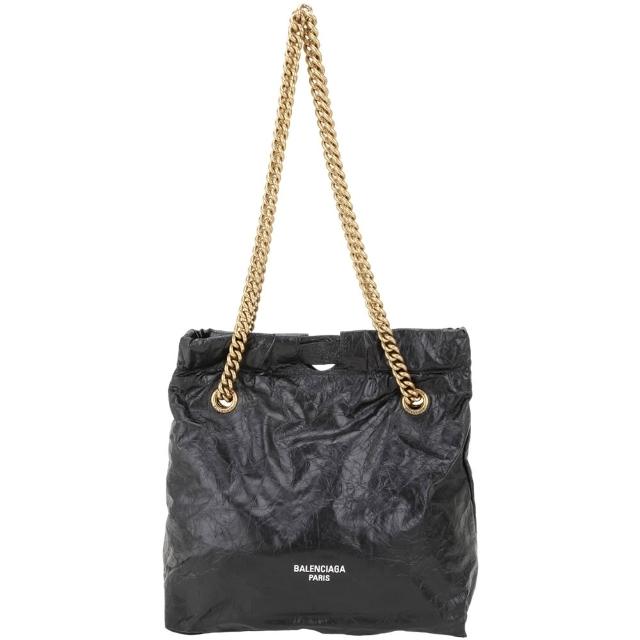 【Balenciaga 巴黎世家】Crush 小款 揉製小牛皮鍊帶托特包 - 黑色(鍊帶包 托特包 肩背包 手提包)