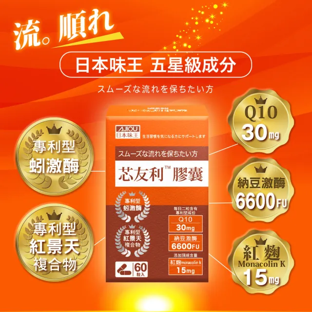 【日本味王】芯友利蚓激酶Q10紅麴膠囊60粒X3盒(專利紅景天/納豆/循環專家)