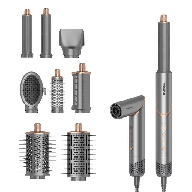 Uniorange 橙色雲 M8 吹風機以灰色系設計，尺寸僅287*46*46mm，重量輕盈515g，適合日常攜帶。具備四段溫度、三段風速調節，1300W功率快速乾髮，負離子功能護髮不傷損。機身可折疊，標準配件含可拆式特殊吹嘴、速乾護髮吹嘴及髮梳，其他配件8種吹頭。110V電壓，中國產地，享1年保固及BSMI許可字號R3C963，專業造型首選。
