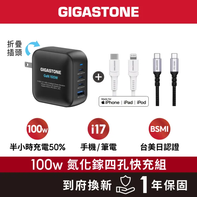 【Gigastone 立達國際】100W GaN氮化鎵四孔充電器+TypeC 100W快充線+60W蘋果快充線(iPhone17)