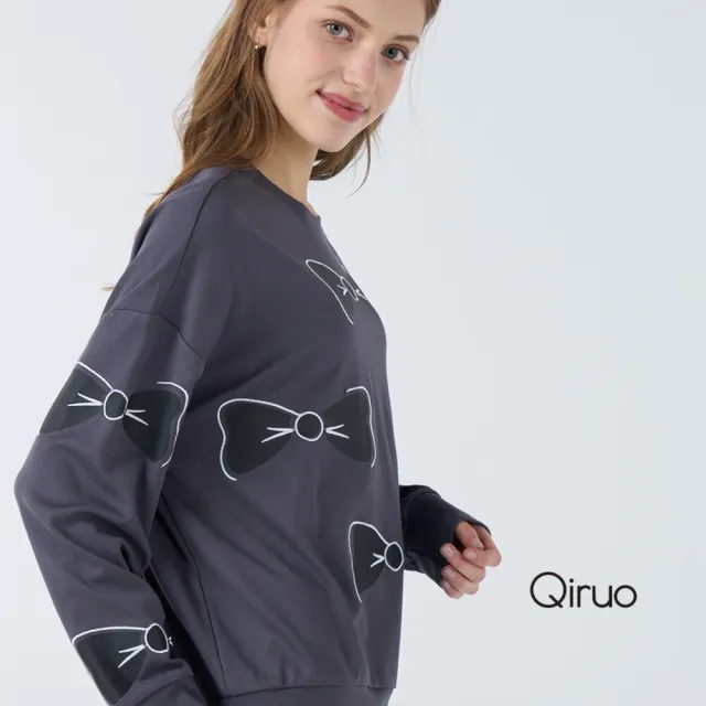 【Qiruo 奇若名品】棉質 圓領灰色長袖大學T蝴蝶上衣3234A 