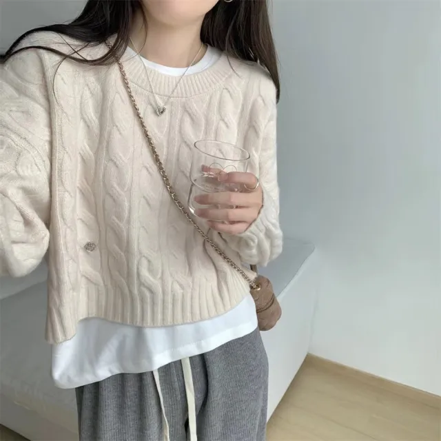 【D.studio】韓版圓領麻花針織上衣(毛衣長袖上衣衣服保暖上衣冬天女裝秋冬女裝發熱衣長袖t恤W632)