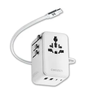 【CHOZEN】六合一 快充萬國插座｜PD70W氮化鎵x雙插孔x自帶快充線(萬國轉接頭｜冰河白 TAC70W)