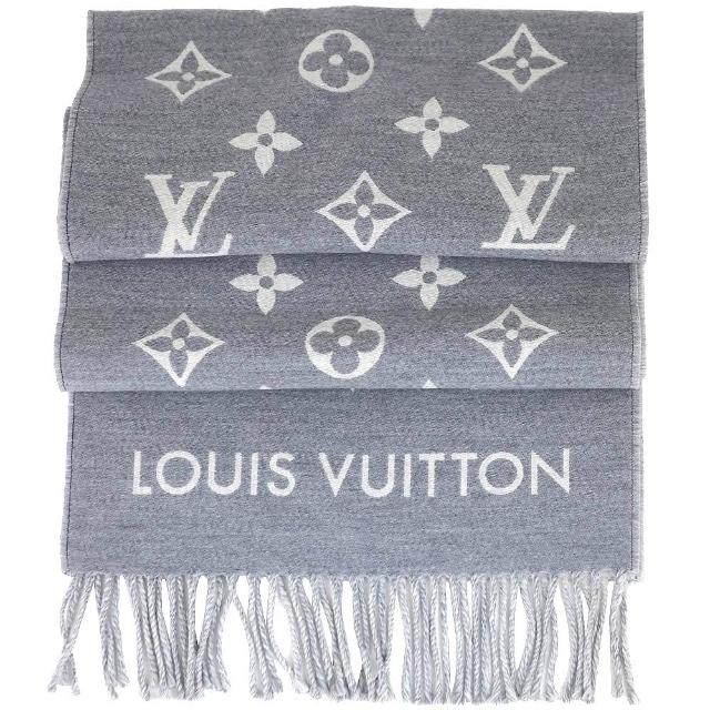 【Louis Vuitton 路易威登】Monogram LV花紋繡花披巾/圍巾(M79226/灰/淺灰色)