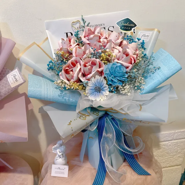 【喜滋滋花藝】送妳有錢花/網紅玫瑰鈔票花束-9朵鈔票玫瑰_純製作費/真鈔另外轉帳(生日 情人節 母親節 週年)