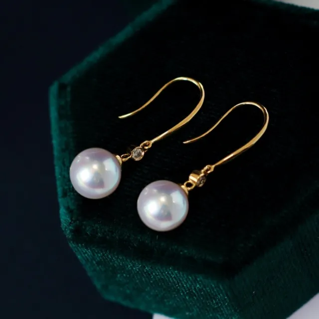 【La Corser】9-9.5mm 日本 Akoya 天然海水珍珠 耳環 耳勾 18K金 鑽石 天女級 珍珠耳墜 百搭送禮