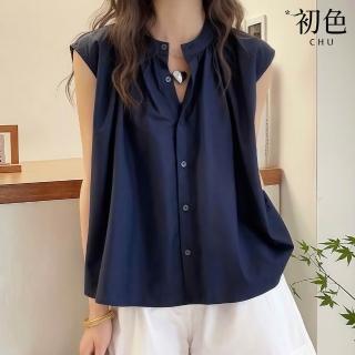 【初色】通勤風純色寬鬆圓立領單排釦小飛袖襯衫上衣女上衣-共3色-14525(M-2XL可選)