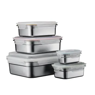 【KINYO】超大容量可微波304不鏽鋼保鮮盒五件組 4L+2.1L+1.2L+650ML+250ML(可堆疊收納 KLC-4005)