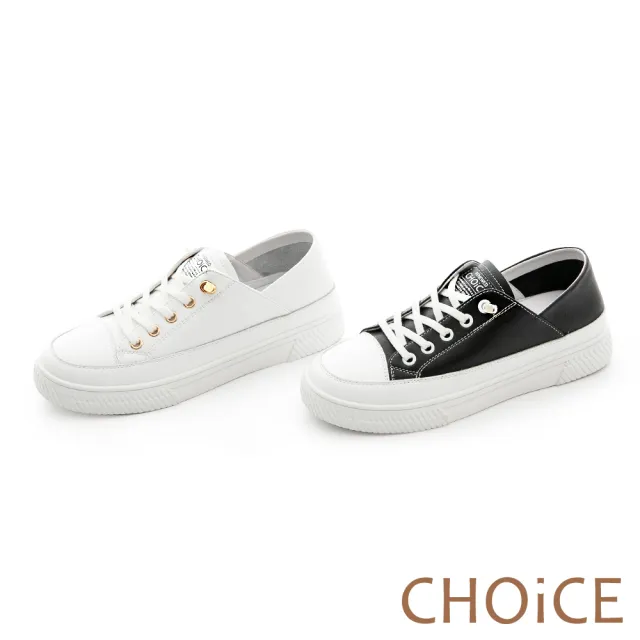 【CHOiCE】免綁帶牛貼皮厚底休閒鞋(白色)