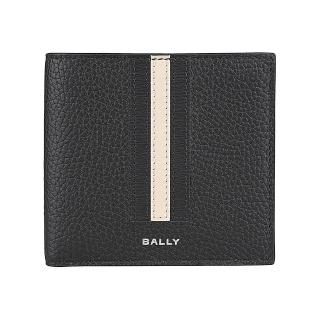【BALLY】BALLY Ribbon燙銀LOGO小牛皮拼黑白線條8卡對折短夾(男款/黑)