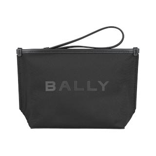 【BALLY】BALLY 銷光黑LOGO尼龍搭小牛皮飾邊拉鍊手拿包(黑)