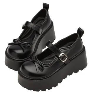 【Grace Gift】高挑甜心蝴蝶結輕量厚底瑪莉珍鞋(黑)