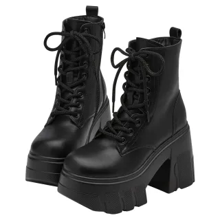 【Grace Gift】追星女孩輕量加厚增高綁帶靴(黑)