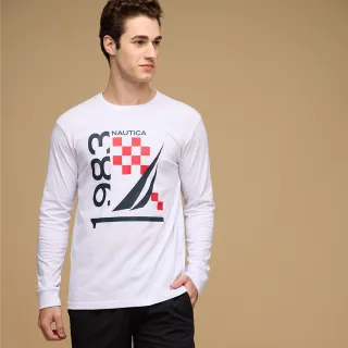 【NAUTICA】官方旗艦 男裝 帆船與賽車旗格紋印花長袖T恤(白色)
