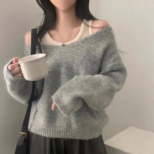 【D.studio】韓版顯瘦V領長袖針織上衣+針織背心(套裝毛衣長袖上衣女裝衣服發熱衣保暖上衣W526)