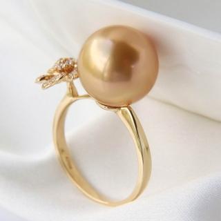 【La Corser】18K金 12-13mm 天然海水珍珠 南洋金珠 戒指 正圓珍珠 鑽石 指環 送女友 浪漫之選 氣質
