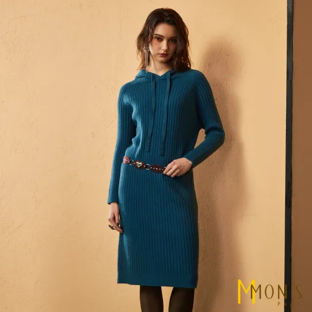 【MON’S】坑條連帽慵懶風針織洋裝(直)