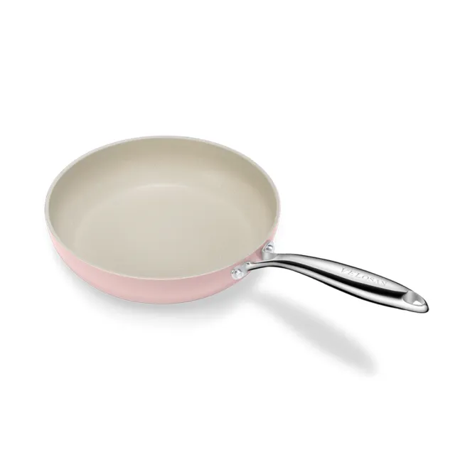 【Velosan 溫侖山】鵝卵石鑄鋁煎鍋26cm 附蓋-粉色(適用電磁爐、瓦斯爐、IH爐等多種爐具)