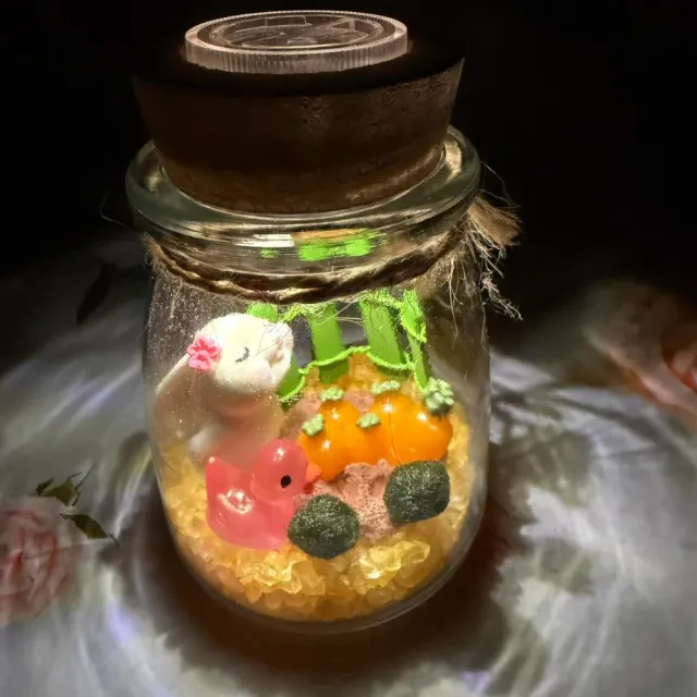 【A-ONE 匯旺】仰頭小花兔 創意綠藻球盆栽 含2顆綠藻 白光LED 150ml布丁杯 DIY微景觀水培瓶