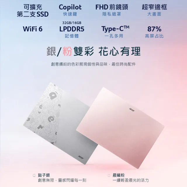 Acer 宏碁】14吋Ultra 5 999g極輕薄AI筆電-晨曦粉(Swift Lite/SFL14