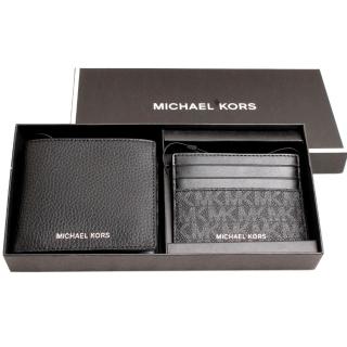【Michael Kors】MK禮盒 皮革8卡短夾禮盒附一卡片夾/男皮夾/男短夾/MK男短夾/MK短夾(黑色)