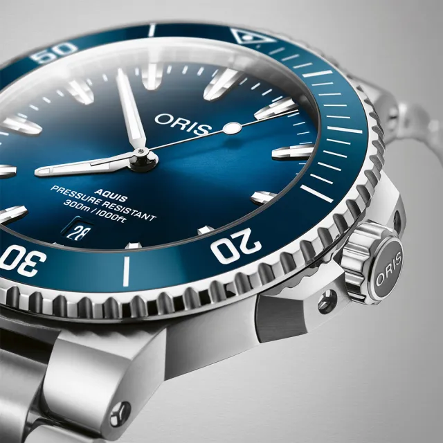 【ORIS 豪利時】Aquis 時間之海300米潛水日期機械錶-銀x藍/43.5mm(0173377894135-0782304PEB)