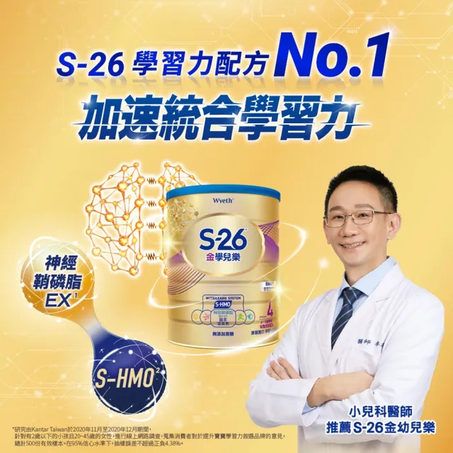 【惠氏 S-26】官方直營 金學兒樂S-HMO配方3-7歲（1600gx8罐）