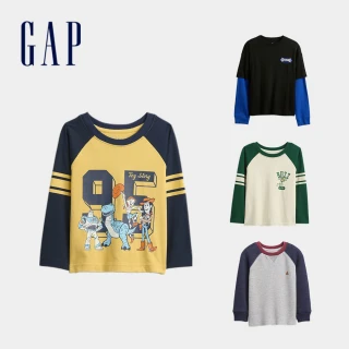【GAP】男童裝 Logo純棉刺繡/印花假兩件圓領長袖上衣-多款任選(817493&815606&814492)